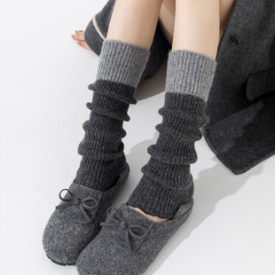 拼色灰色针织袜套袜堆堆袜子女秋冬y2k小腿袜配小皮鞋 JK长筒袜夏