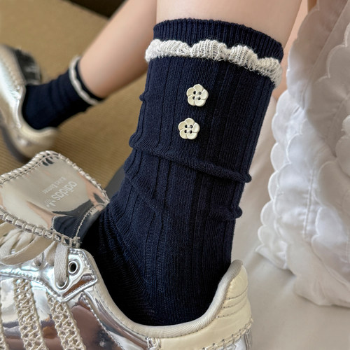 miu系花边袜子女蝴蝶结中筒棉袜