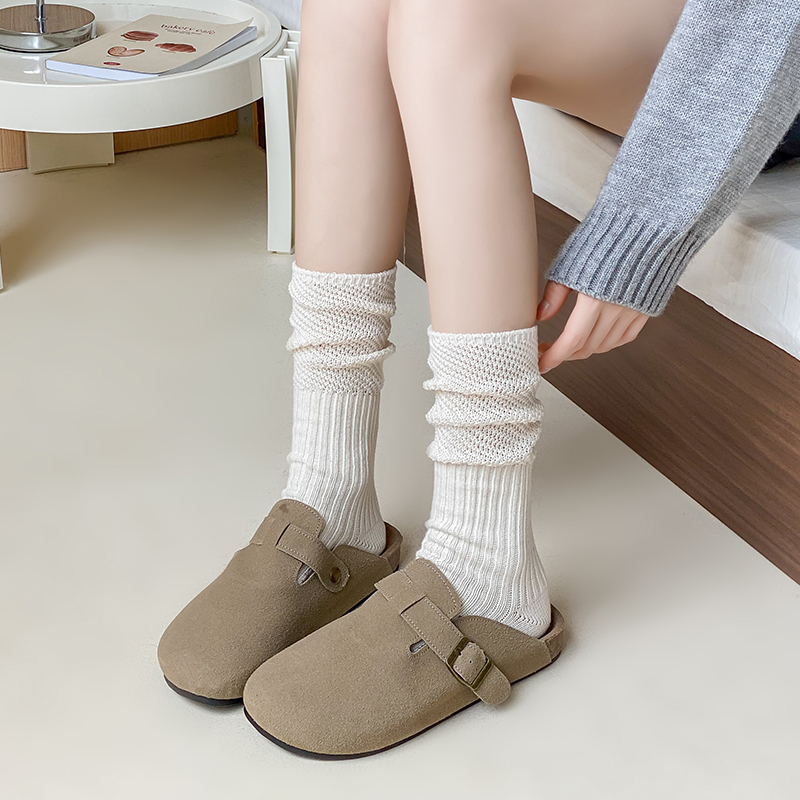 白色中筒堆堆袜子春秋粗线袜