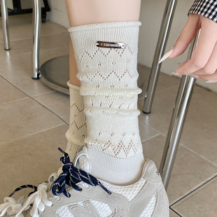 miu系白色堆堆袜子女春秋纯棉芭蕾风银标镂空小腿袜薄款 长袜靴袜