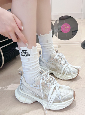 白色破洞袜子女夏季薄款网红纯棉街头风刺绣字母乞丐风日系堆堆袜