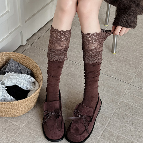 美拉德咖色小腿袜子女白色堆堆袜