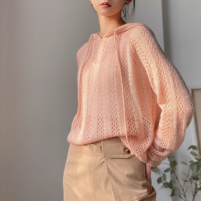 尤氧自制原创设计感小众女慵懒宽松镂空马海毛羊毛连帽衫早秋上衣