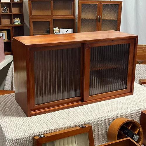 实木复古做旧风格桌面收纳木质置物架新中式厨房调味罐碗玻璃推门