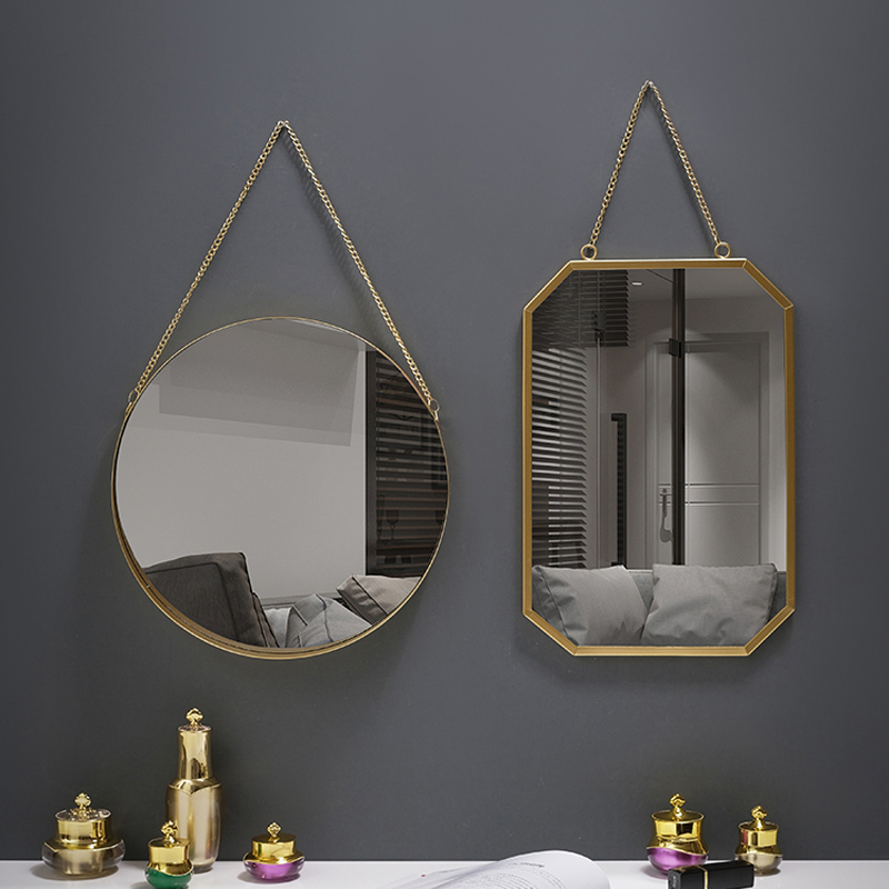 创意免打孔挂墙化妆镜浴室梳妆台镜子卫生间梳妆镜铁艺北欧圆镜