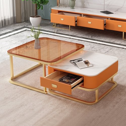 橙色茶几轻奢岩板钢化玻璃亮光客厅家用小户型现代简约方形组合
