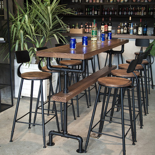 酒吧长条桌椅组合 咖啡厅复古实木吧台桌子餐厅甜品店高脚桌椅美式