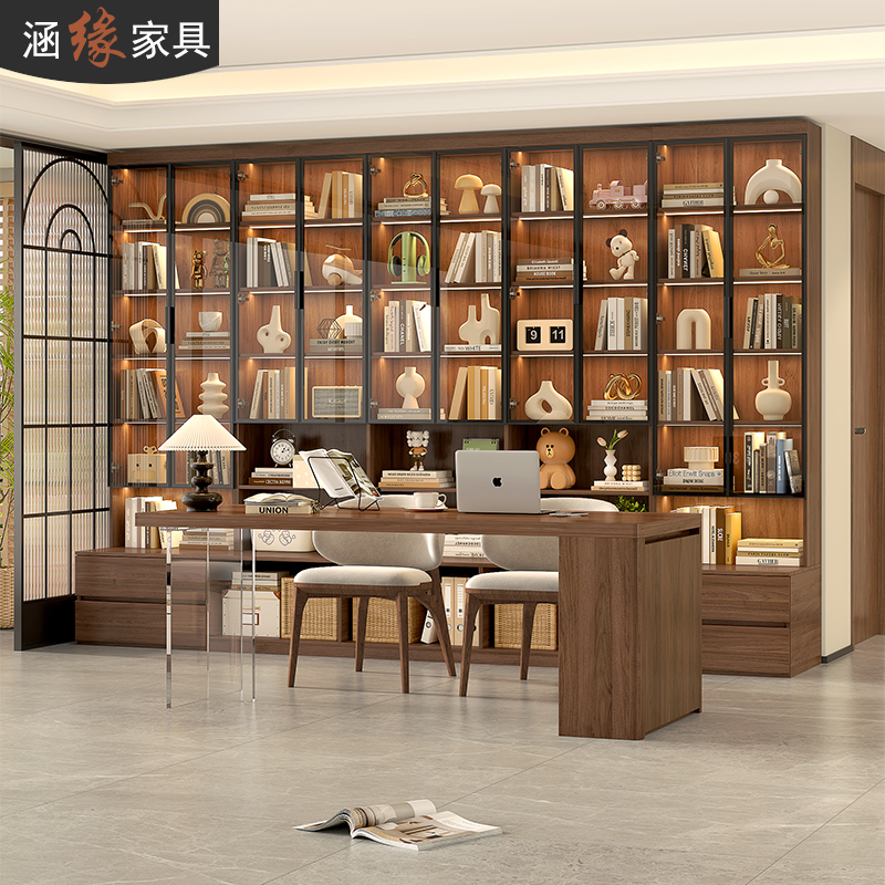 定制玻璃门卡座书柜整墙到顶带书桌家用去客厅书房展示储物柜7F75