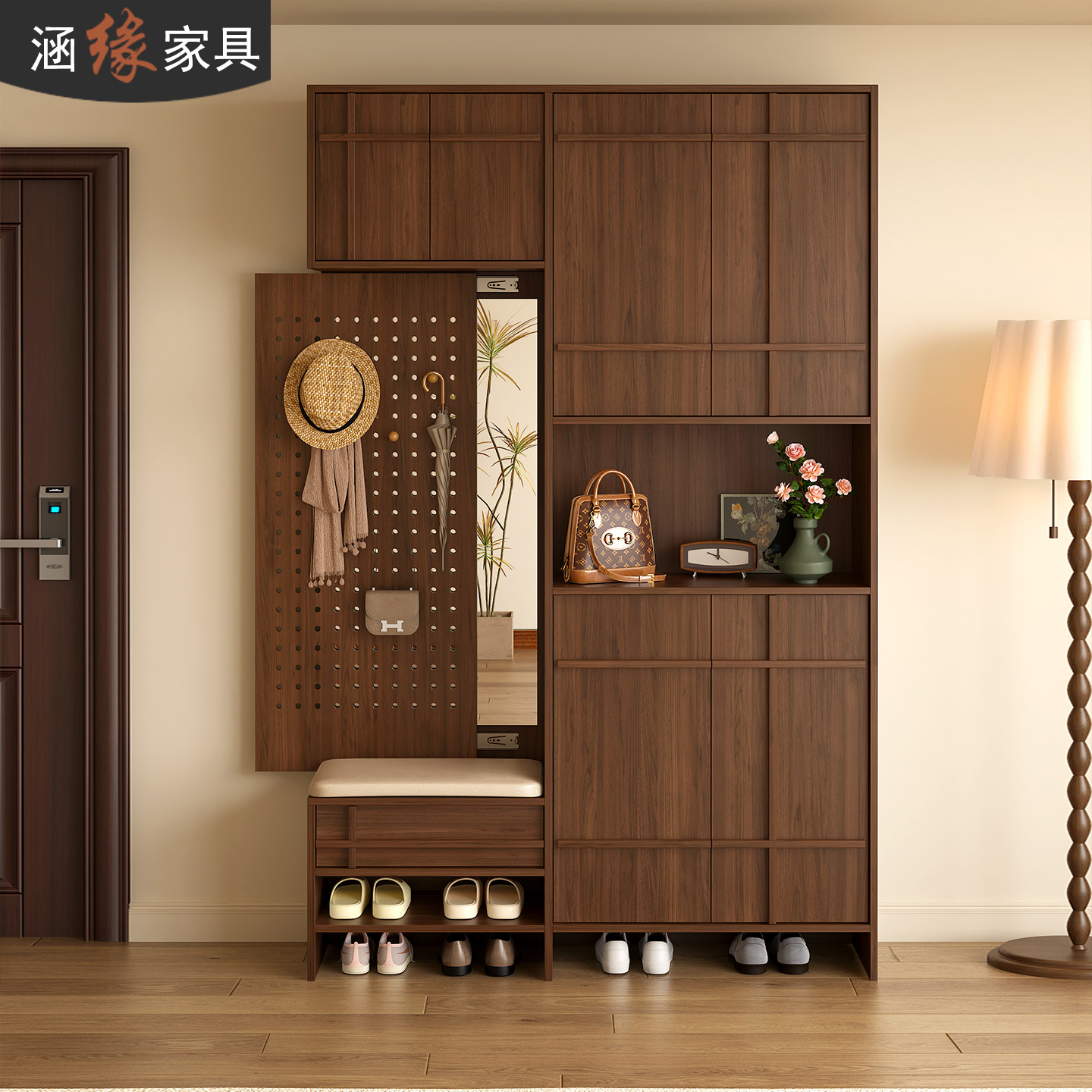 仿藤编鞋柜家用门口换鞋挂衣一体