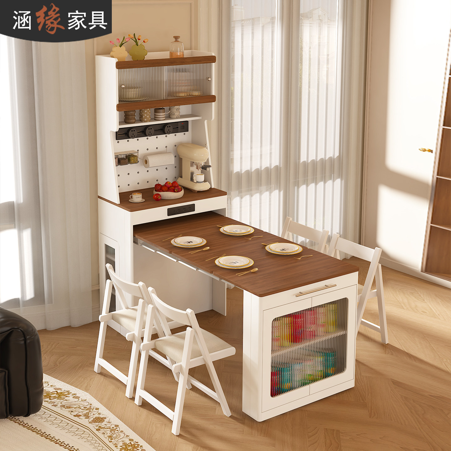 涵缘实木餐边柜餐桌一体靠墙