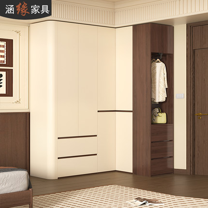 中古风L型转角衣柜家用卧室墙角柜分段式大衣橱衣帽间储物柜7A82