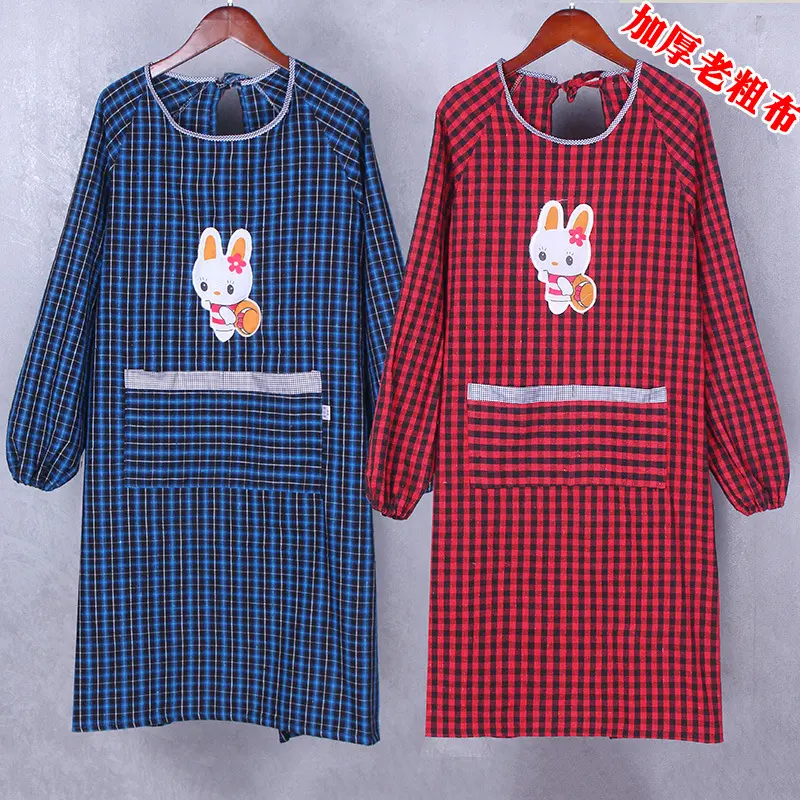 纯棉老粗布围裙长袖韩版时尚可爱成人罩衣秋冬加厚工作服LOGO