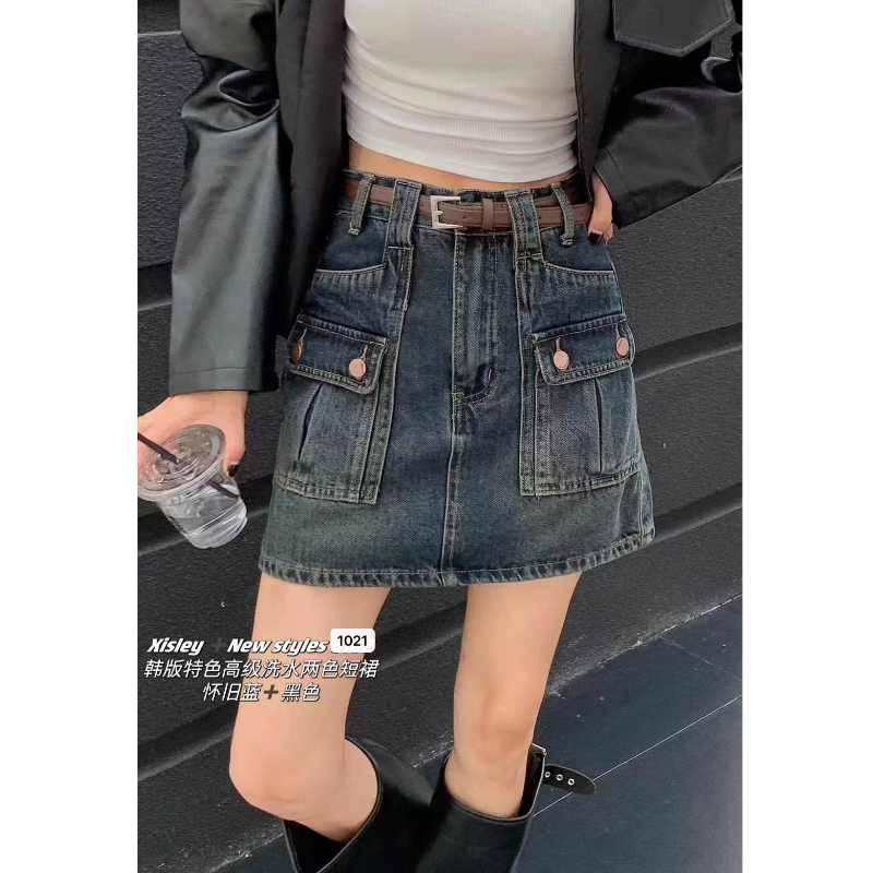 高腰复古牛仔短裙女2023早秋季新款显瘦裙裤A字半身裙工装裙潮女