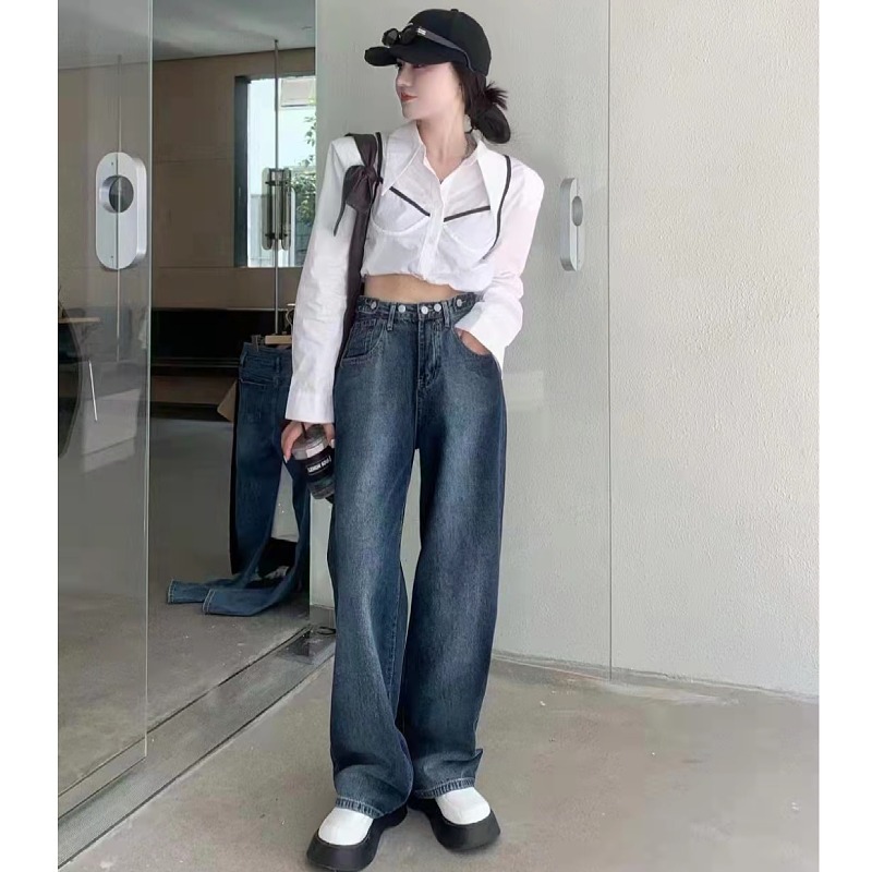 高腰渐变色牛仔裤女2022直筒阔腿裤宽松撞色拖地设计感裤子复古潮