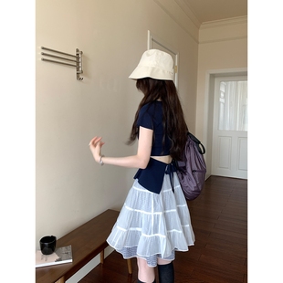短袖 女夏季 后绑带收腰修身 针织衫 百搭露腰t恤上衣 2025新款 韩版
