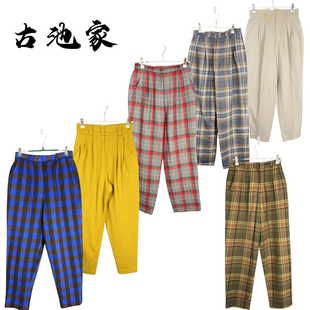 vintage古着裤子日系原单森女彩色格子加厚毛呢宽松高腰萝卜女裤3