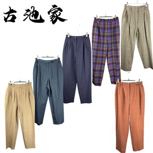vintage古着裤子日系原单女彩色格子加厚毛呢高腰萝卜女裤66-70腰