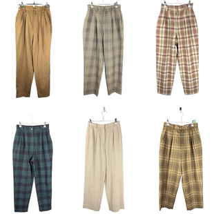 vintage古着裤子日系原单女彩色格子加厚毛呢宽松高腰萝卜女裤24