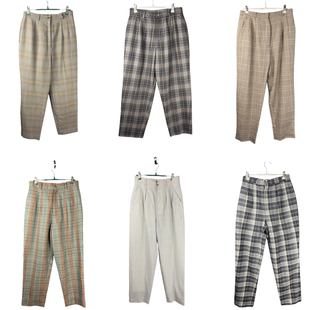 vintage古着裤子日系原单女彩色格子加厚毛呢高腰萝卜女裤腰66-74