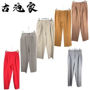 vintage古着裤子日系原单女彩色格子加厚毛呢高腰萝卜女裤66-70腰