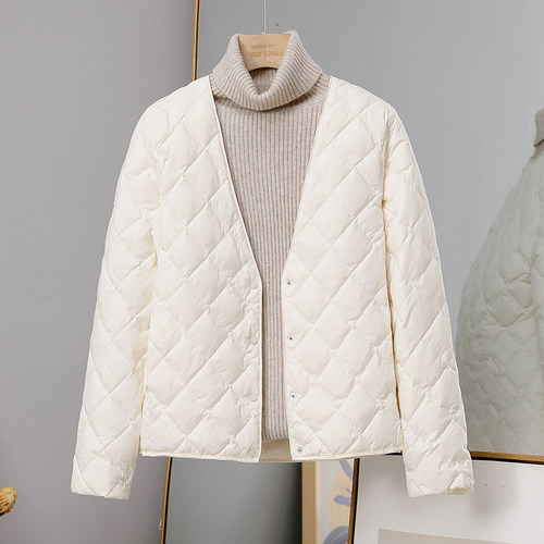 保暖锦纶短款V领95白鸭绒羽绒服