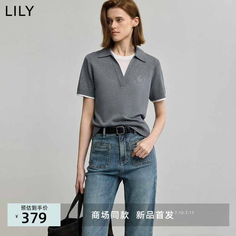 【商场同款】LILY2025秋新款女装复古假两件POLO领休闲短袖针织衫
