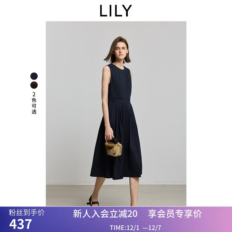 LILY2025夏新款女装简约气质无袖圆领休闲百搭收腰百褶裙连衣裙