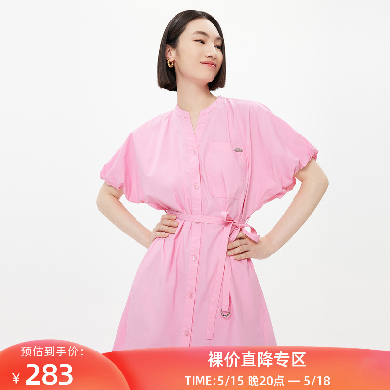 LILY2023夏新款女装舒适全棉气质纯色OVERSIZE长款宽松衬衫连衣裙