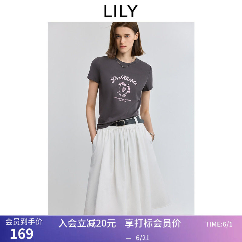LILY2026夏新款女装格雷系撞色桃子字母印花图案正肩圆领短袖T恤
