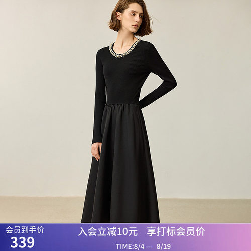 LILY冬新款女装优雅重工钉珠圆领收腰拼接式A字连衣裙小黑裙