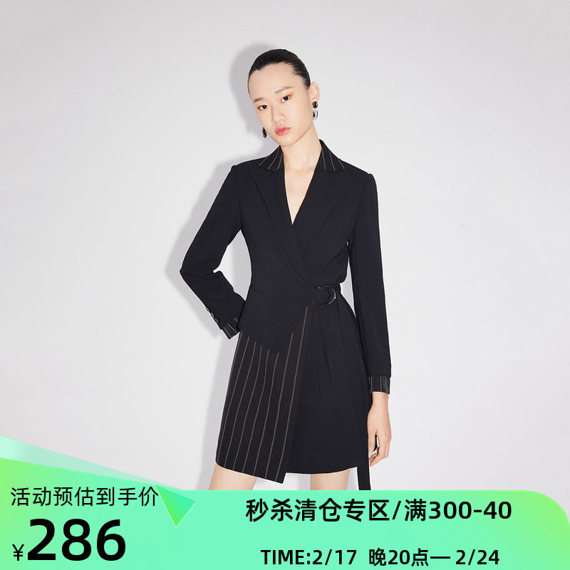 【商场同款】LILY秋新款女装撞色条纹不对称系带西装连衣裙