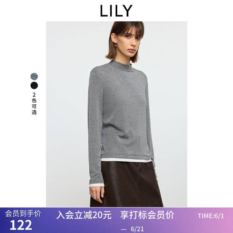 LILY冬新款女装莱赛尔羊毛混纺撞色修身半高领T恤打底衫内搭