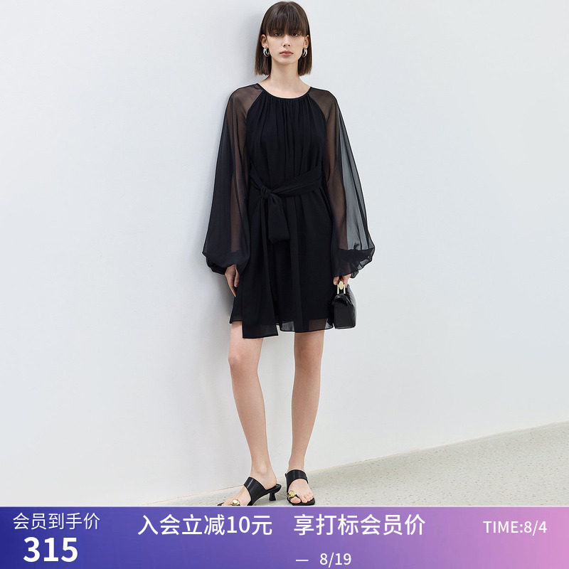 【商场同款】LILY夏新款垂坠感袖子设计小黑裙女飘逸连衣裙