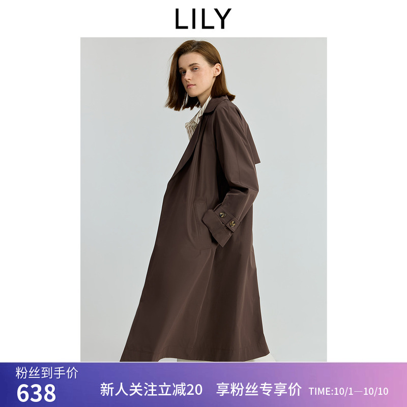 LILY2025秋新款复古廓形翻领腰带收腰气质通勤休闲长款风衣外套女