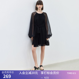 【商场同款】LILY夏新款垂坠感袖子设计小黑裙女飘逸连衣裙