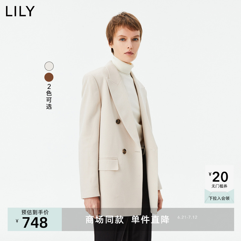 【专柜甄选】LILY2024春新款女装绵羊毛通勤款双排扣休闲西装外套