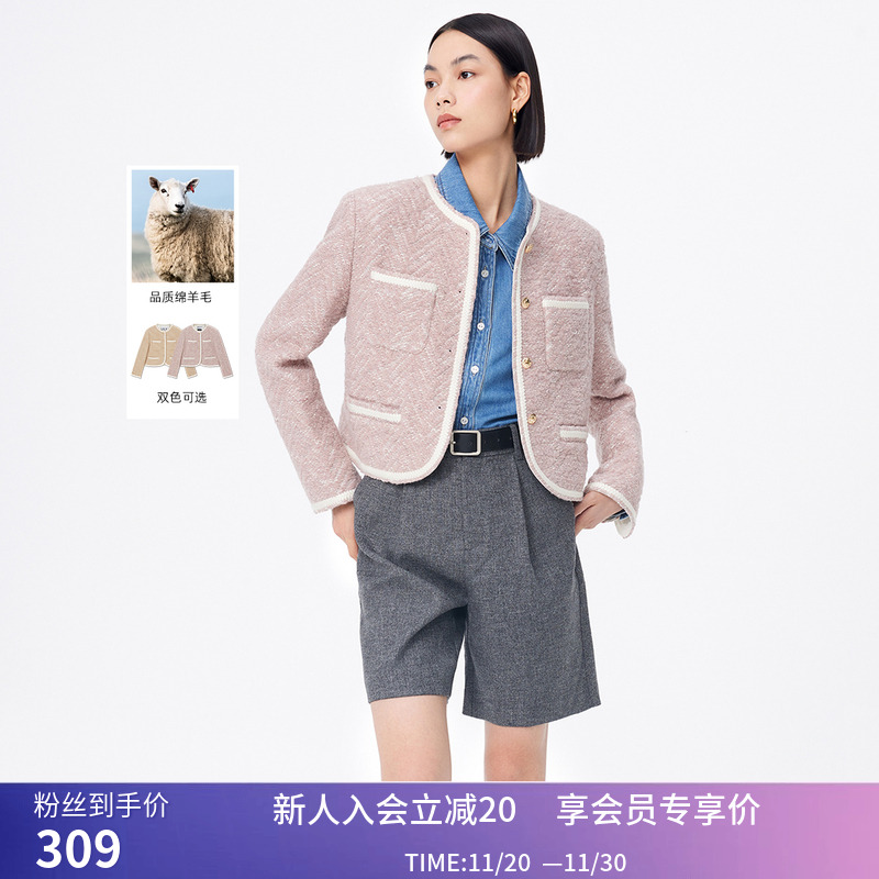 LILY冬新款女装复古气质小香风绵羊毛时尚通勤款短外套小个子