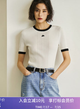 【专柜甄选】LILY夏新款女装时尚设计感撞色修身短袖毛针织衫