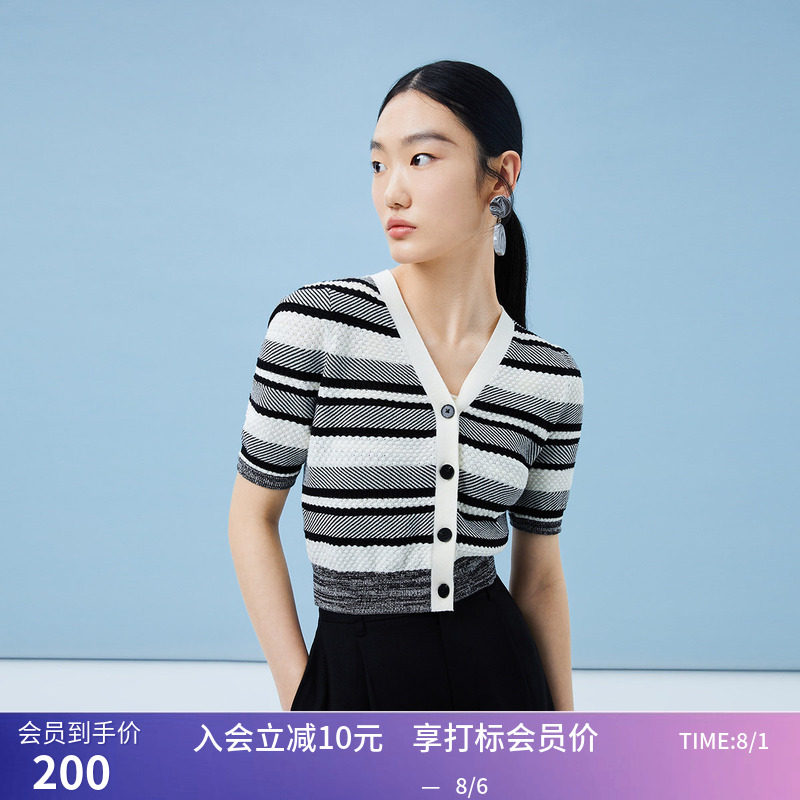 【商场同款】LILY夏新款女装复古条纹V领针织开衫小众上衣女