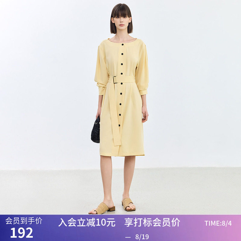 LILY夏新款女装气质复古通勤款优雅设计感百搭显瘦腰带连衣裙