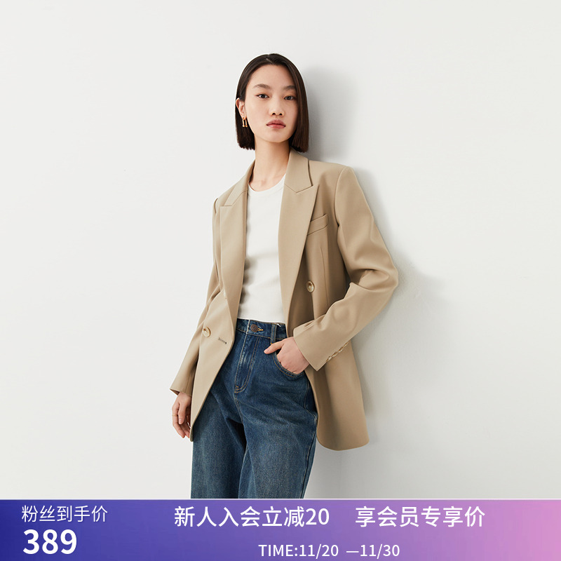 【商场同款】LILY春新款女装绵羊毛复古双排扣系带小西装外套