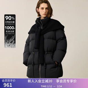 LILY冬新款女装复古针织披肩立领抽绳收腰百搭鸭绒羽绒服女款