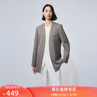 LILY2024春新款女装绵羊毛通勤款暗扣别致时尚无领休闲西装外套女