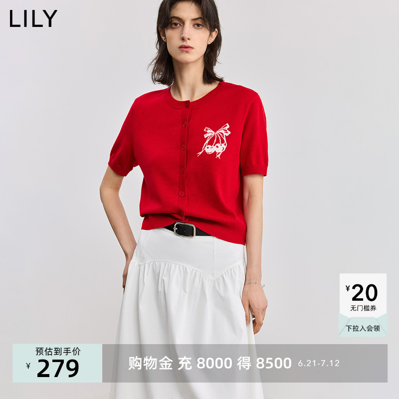 LILY2025夏新款女装甜美樱桃圆领红色短款小上衣轻薄短袖针织开衫