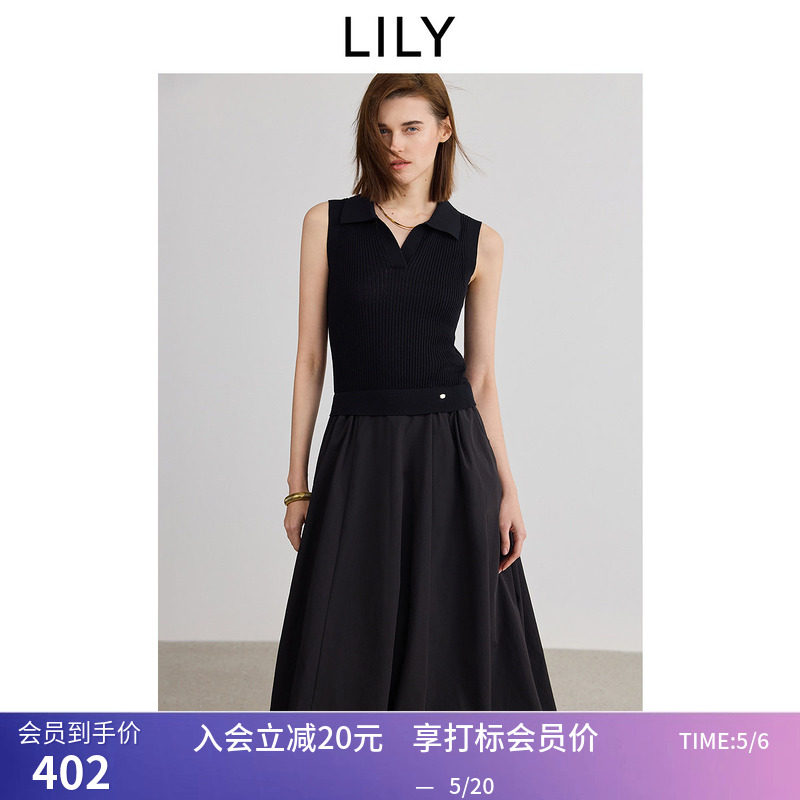 【商场同款】LILY夏新款女装POLO领小黑裙无袖气球裙连衣裙