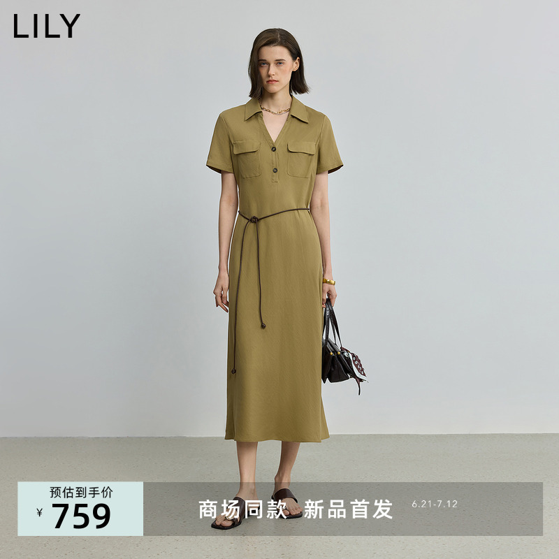 【商场同款】LILY2025夏新款复古POLO领斜裁收腰休闲衬衫连衣裙女
