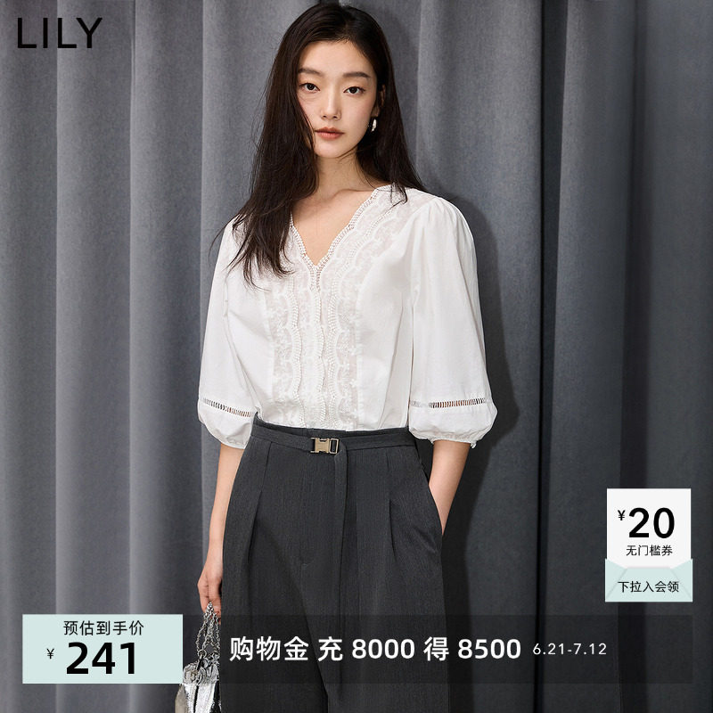 LILY2025夏新款女装法式重工花边V领全棉白色泡泡袖套头雪纺衫