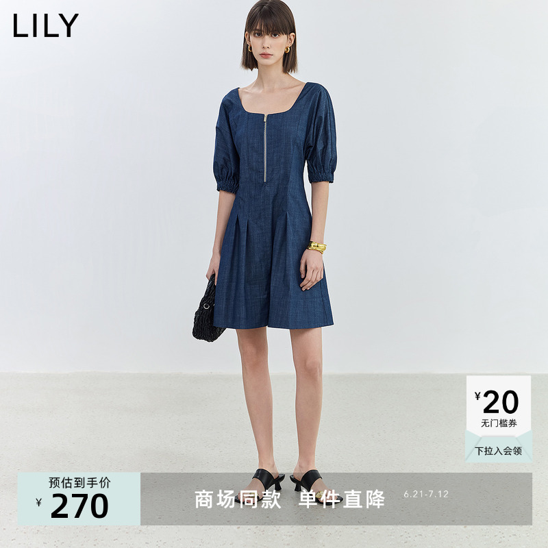 【商场同款】LILY2024夏新款女装气质复古方领连衣裙中长款小个子