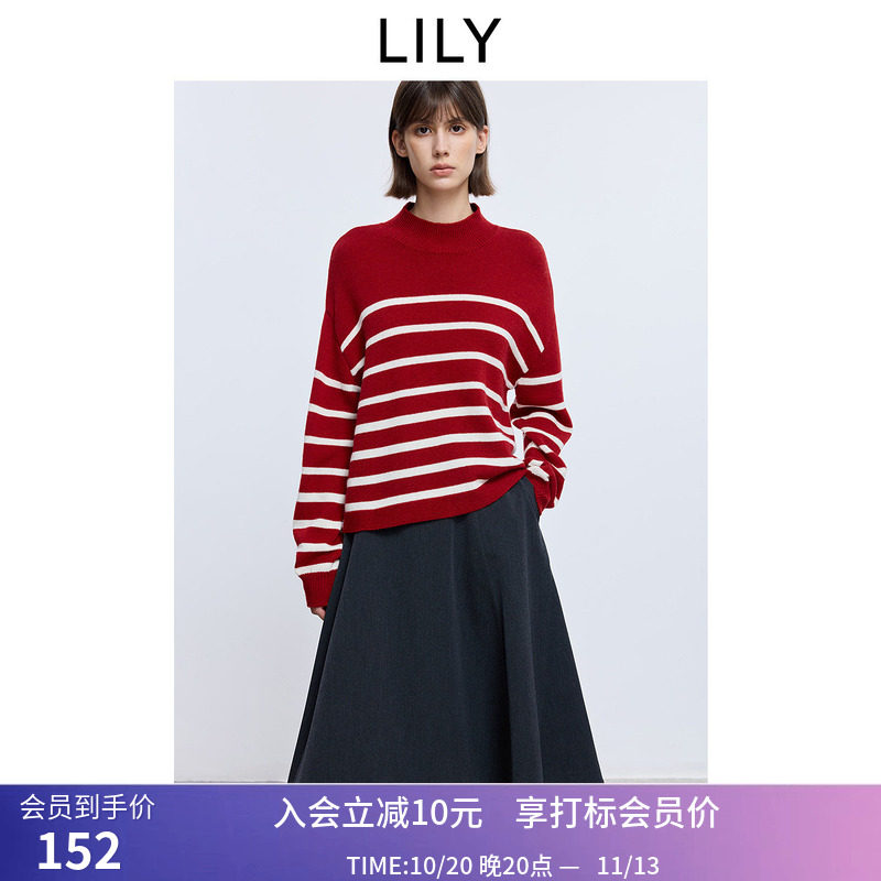 LILY冬新款羊毛混纺撞色条纹半高领套头通勤红色针织衫毛衣女