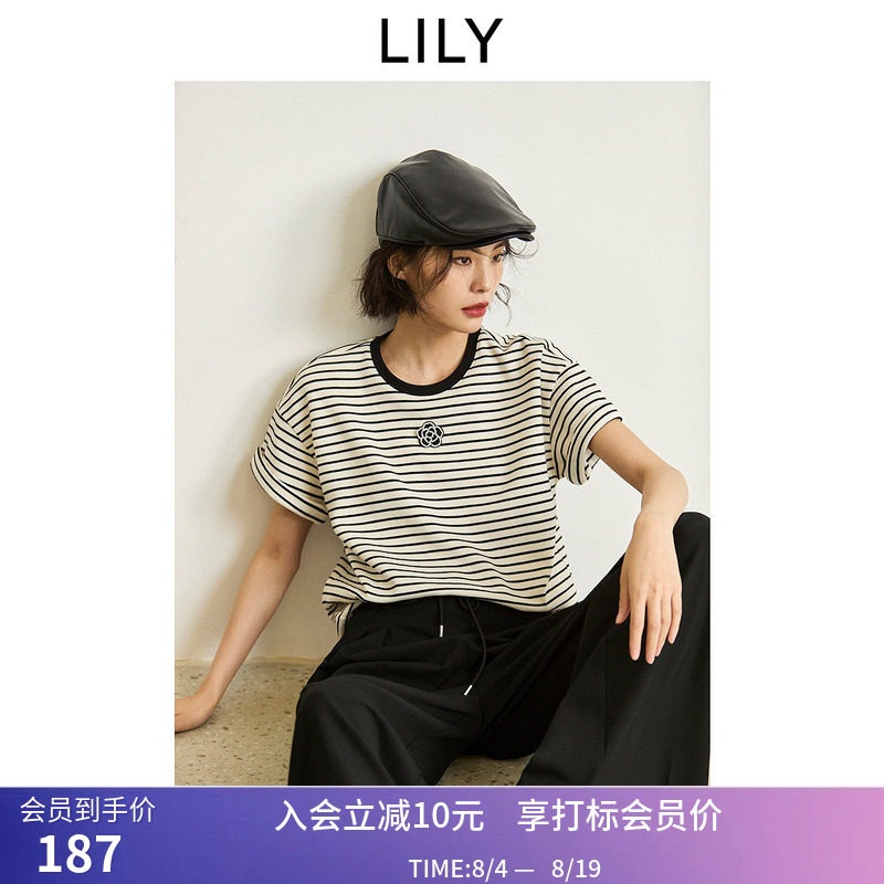 LILY2026秋新款简约休闲通勤百搭宽松撞色条纹短袖T恤短款女上衣